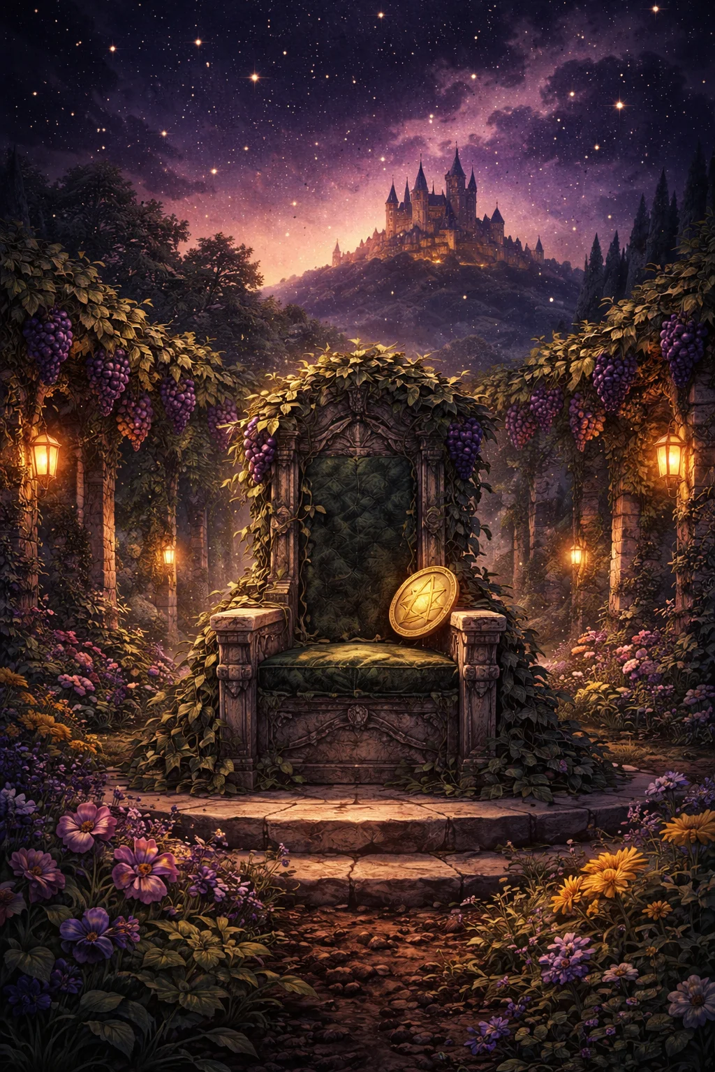 King of Pentacles tarot scene: a vineyard garden heavy with ripe grapes at golden hour around a vine-draped stone throne
