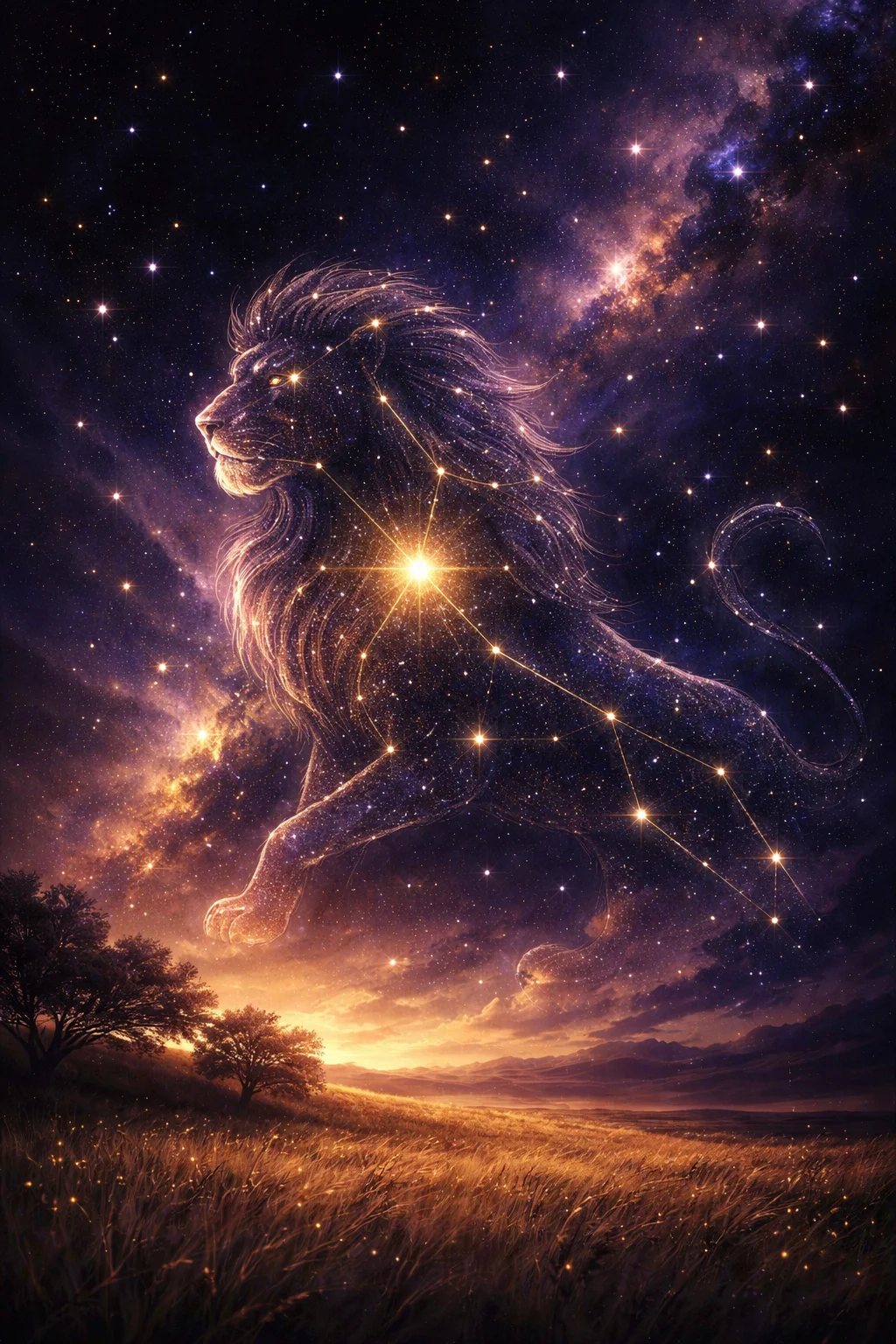 Leo constellation forming a lion shape in a starry night sky with the bright star Regulus glowing at its heart