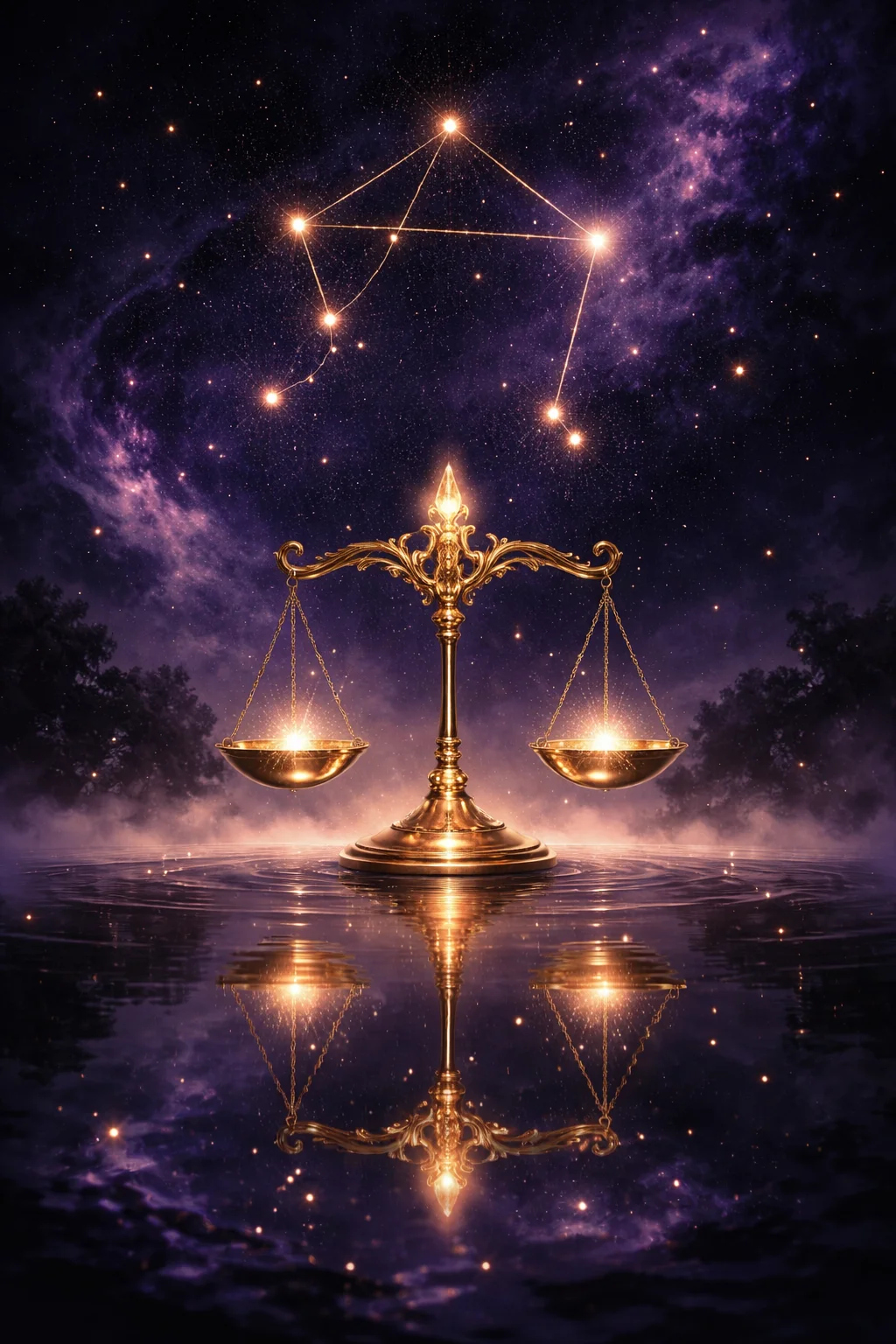 Libra constellation glowing in a violet night sky above golden scales balanced over a still reflecting pool