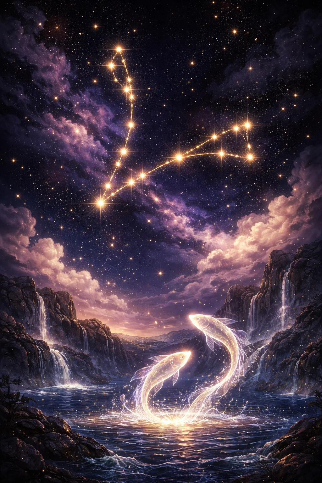 Pisces constellation of two fish in soft starlight above a moonlit sea in violet and seafoam tones