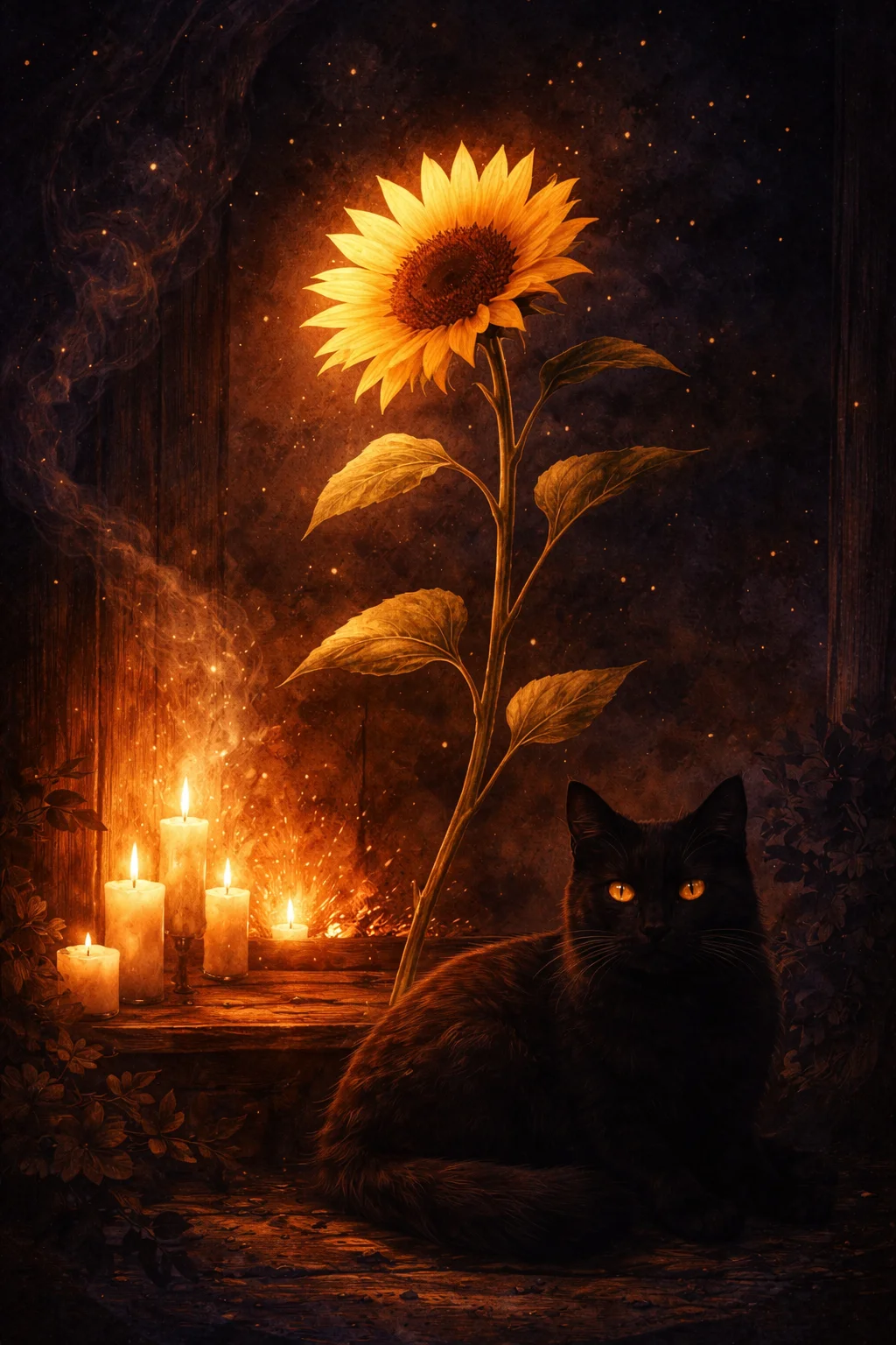 Queen of Wands tarot scene: a single sunflower turned toward warm light while a black cat rests in the shadow beside it
