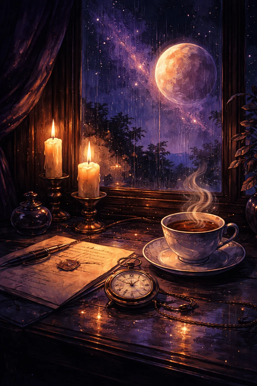 Candlelit desk during Mercury retrograde with an old letter, a stopped watch, and Mercury glowing through a rainy window