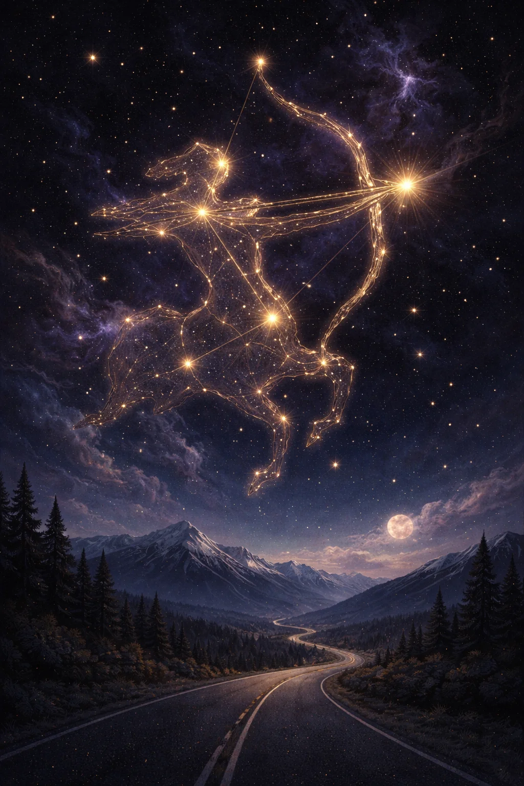 Sagittarius constellation forming an archer over moonlit mountains and an open road