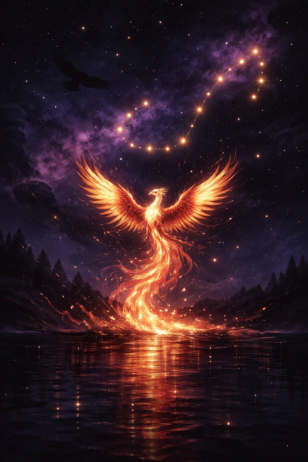 A phoenix rising from crimson flames over a dark lake under the Scorpio constellation, symbol of Scorpio's rebirth