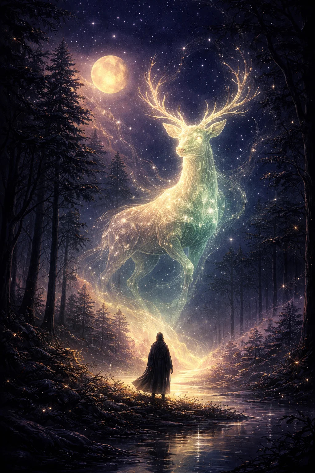 A person meeting a starlight spirit animal in a moonlit forest, illustrating a surprising spirit animal quiz result