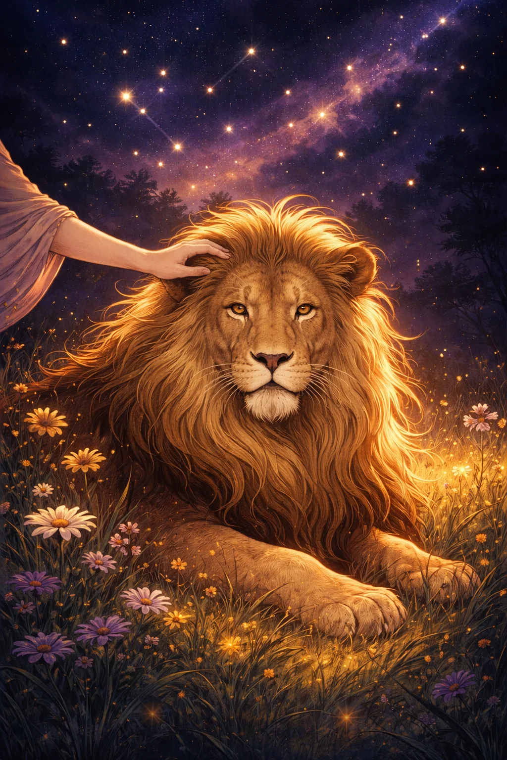 Strength tarot card scene: a golden lion resting peacefully in a meadow with a gentle hand on its mane
