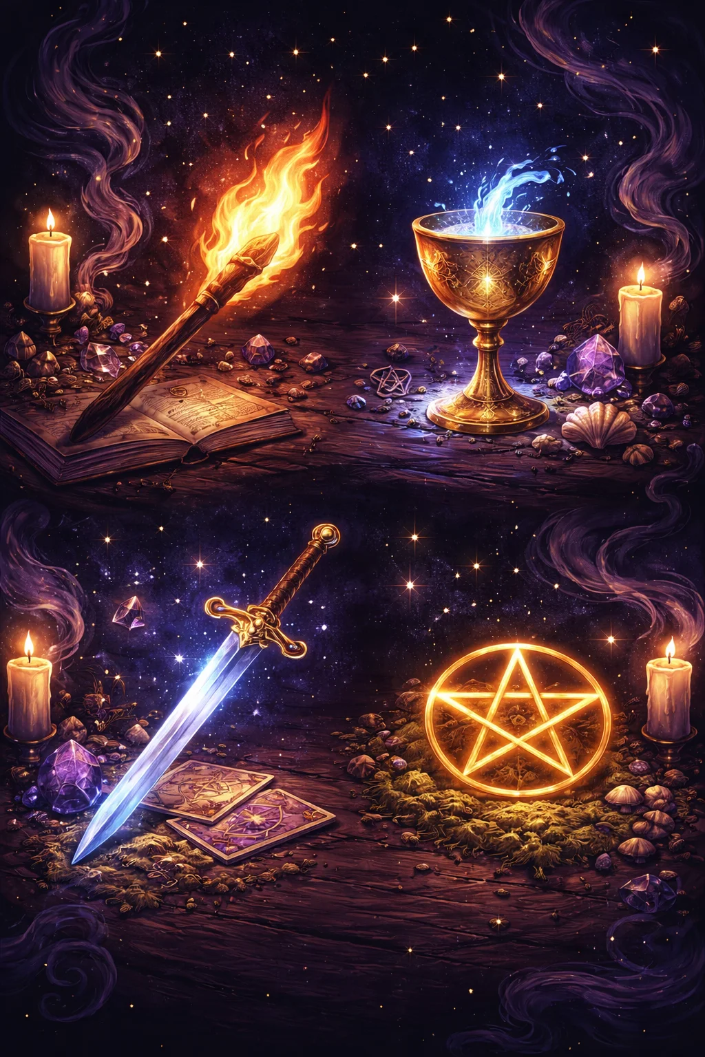 Four elemental tarot suit symbols glowing on a dark reading table — fire, water, air, and earth balanced together