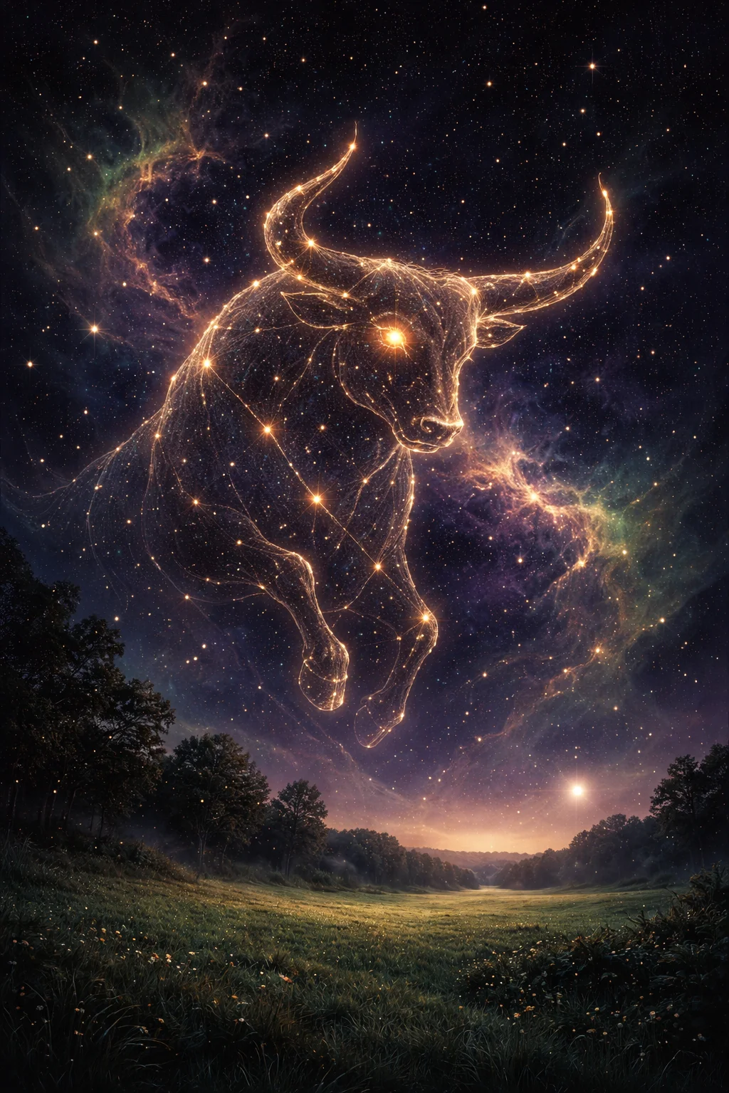 Taurus constellation forming a bull shape in a starry night sky above a quiet green field, with Venus glowing softly