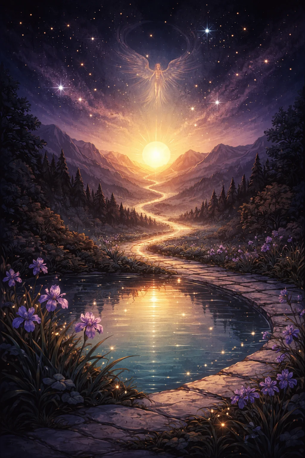 A winding path toward sunlit mountains beside still water โ the patient journey of the Temperance tarot card