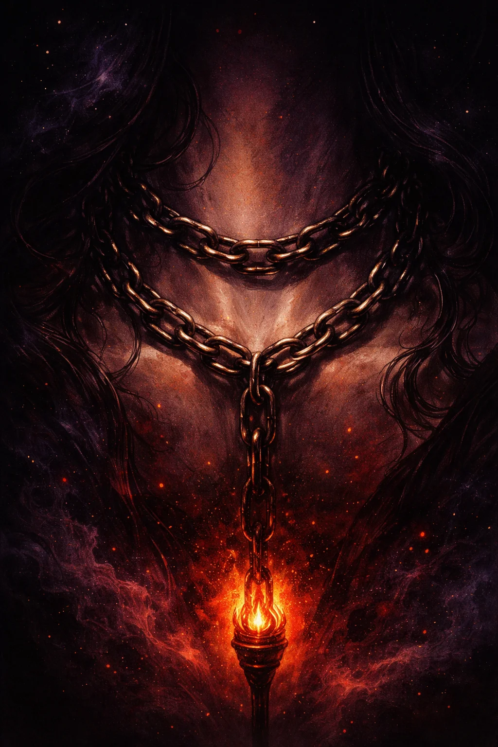 A close-up of loose chains over a neck that could be lifted away — the self-imposed bondage of The Devil tarot card