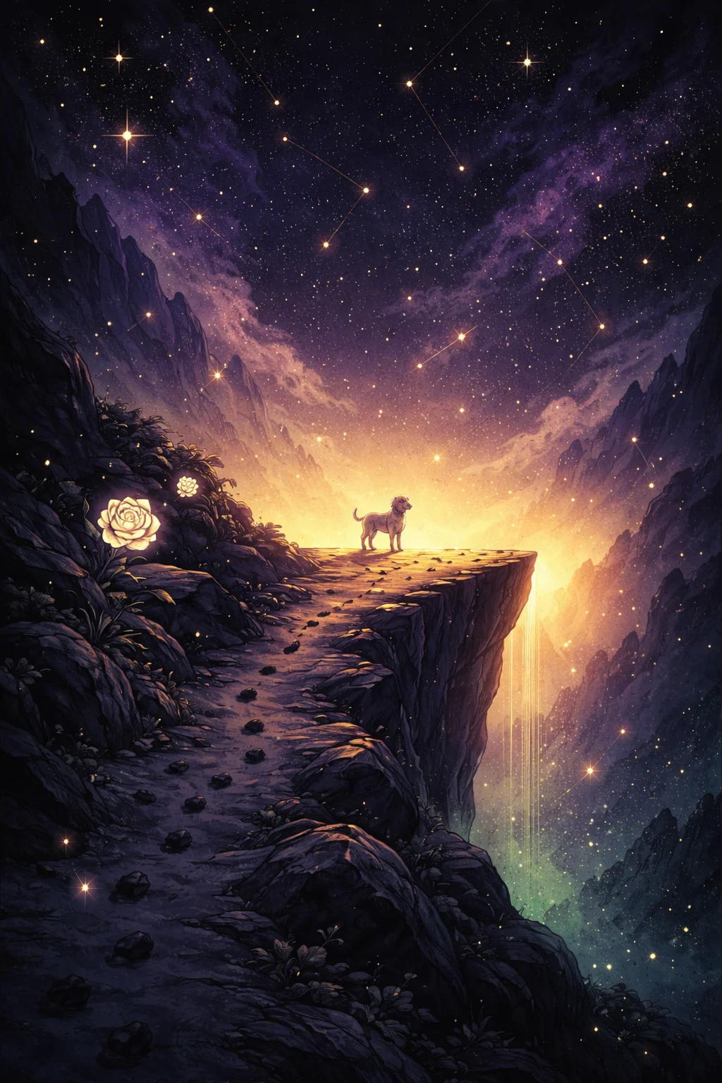 A mountain path to a glowing cliff edge at dawn — the threshold of The Fool tarot card's leap of faith