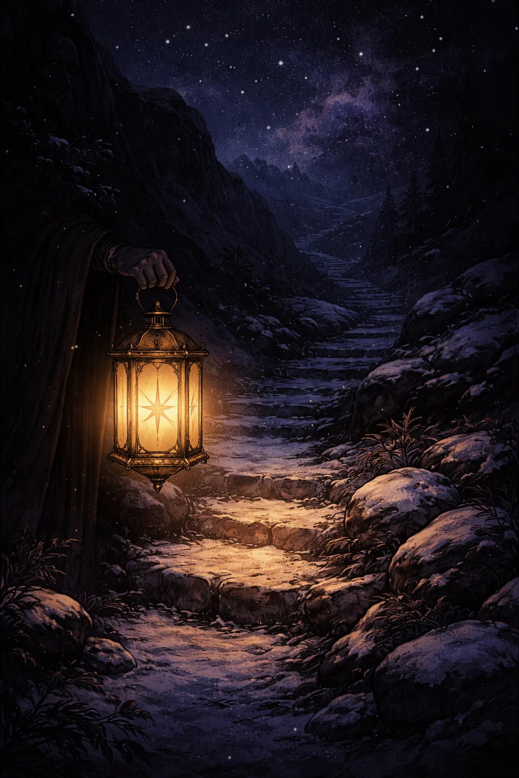 The Hermit tarot scene: a golden lantern lighting one stone step on a dark mountain path, the rest in shadow