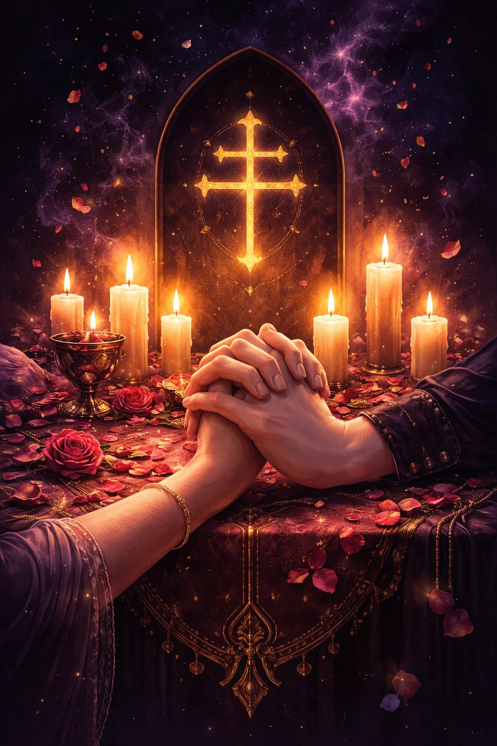 Hands clasped over a candlelit altar with rose petals, the Hierophant love tarot symbol of sacred vows
