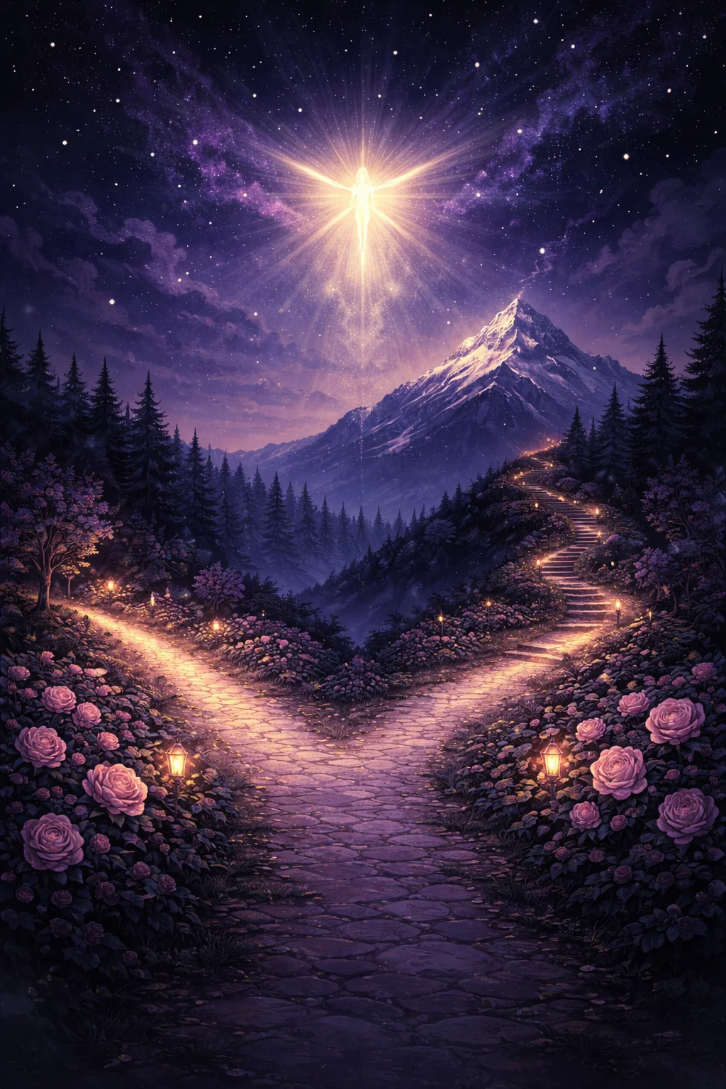 Two glowing paths diverging at a crossroads beneath an angelic light โ the choice at the heart of The Lovers tarot card