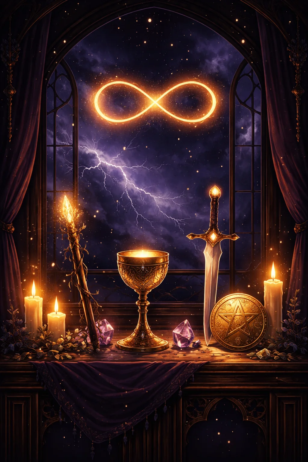A wand, cup, sword, and pentacle on an altar — the four tools of The Magician tarot card