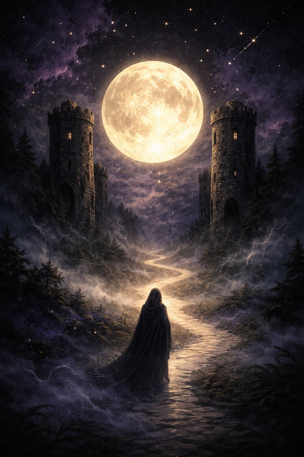 A lone figure on a moonlit path between two towers under a full moon โ The Moon tarot card's uncertain journey