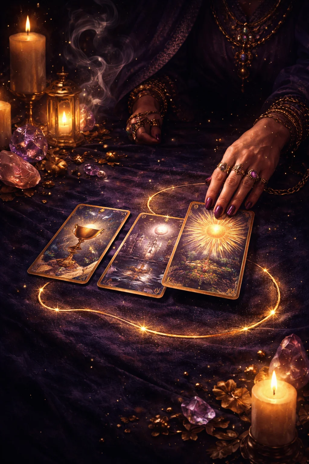 Candlelit tarot reading table with three cards being laid out in a past present future timeline