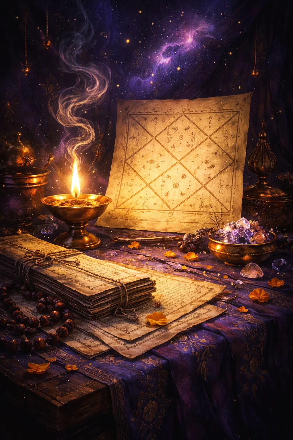 Candlelit Vedic astrologer's study with palm-leaf manuscripts and a hand-drawn Kundali chart glowing in gold