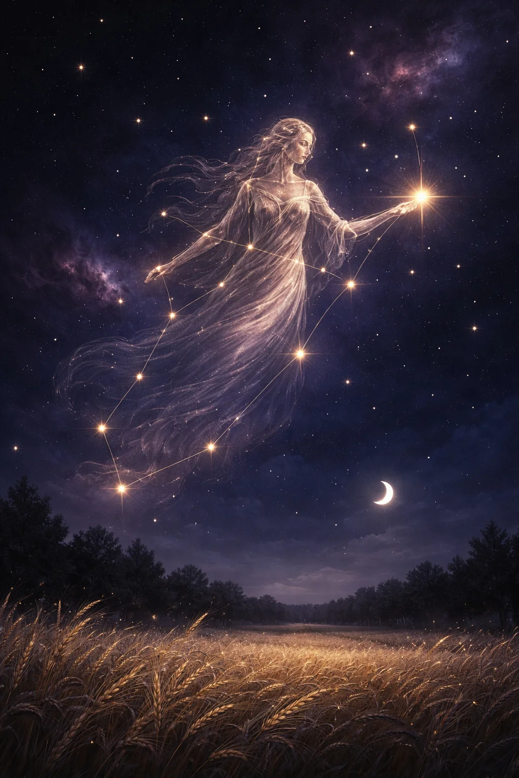 Virgo constellation glowing above a moonlit wheat field, with the bright star Spica shining at the maiden's hand
