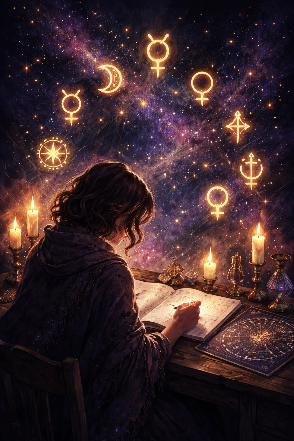 A beginner studying astrology by candlelight with an open natal chart, planetary glyphs, and a notebook