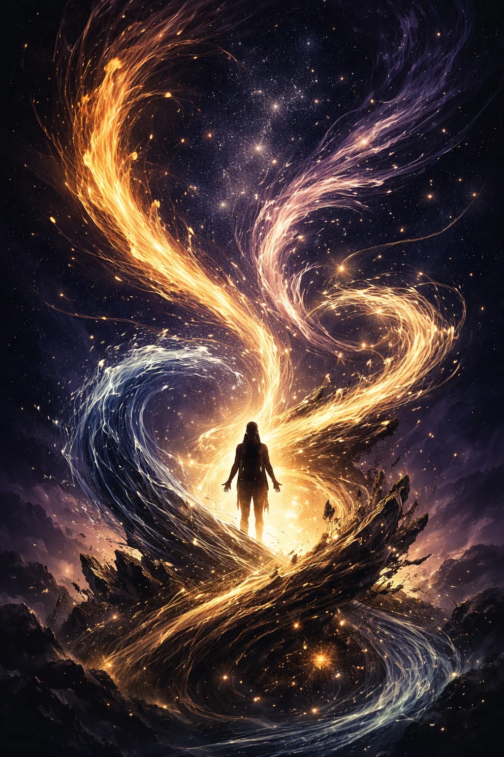 The four classical elements — flame, stone, wind, and wave — spiraling around a figure finding their element